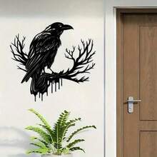 Gothic Style Home Decor Brand, Black Metal Crow Wall Decoration, Vintage Industrial Iron Silhouette, Halloween Witch Theme Hanging Decoration - Black 1pc - View 2