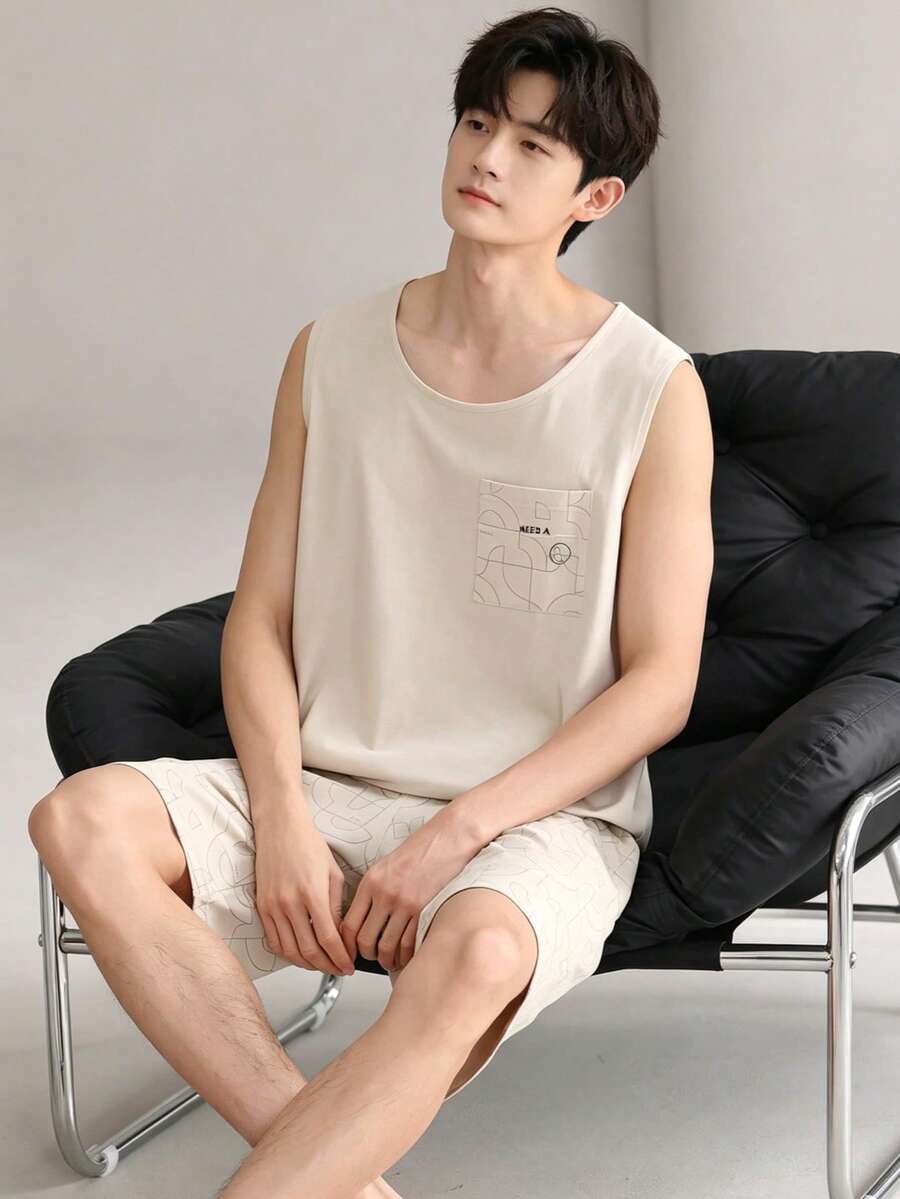 AICJ 男士纯色休闲宽松基础款圆领背心上衣和短裤睡衣套装(2件套),适合春夏居家休闲和户外穿着。 - 米色 - 查看 1