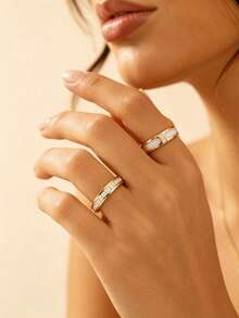 Set Cincin Wanita Stainless Steel Bertatahkan Elemen Daun Semanggi Elegan 3 Buah Satu Baris, Cocok untuk Kasual, Kencan, Berbagai Acara atau Hadiah Liburan untuk Teman - WD008JZ-8+JM757JZ-8+FSY034JZ-8 - View 3