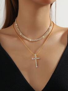 Full Rhinestone Cross Double Layer Stacked Necklace, Silver Tennis Chain Hip Hop Collarbone Necklace Women's Accessory - Personalized Necklace - View 3