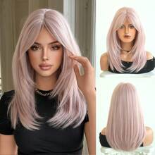 7JHH WIGS 中長粉色分層假髮，附簾幕瀏海，18英吋蓬鬆耐熱合成纖維全機製假髮，適合女性派對穿著、萬聖節與節慶 Cosplay 及日常使用 - 淺粉色 - 查看 12