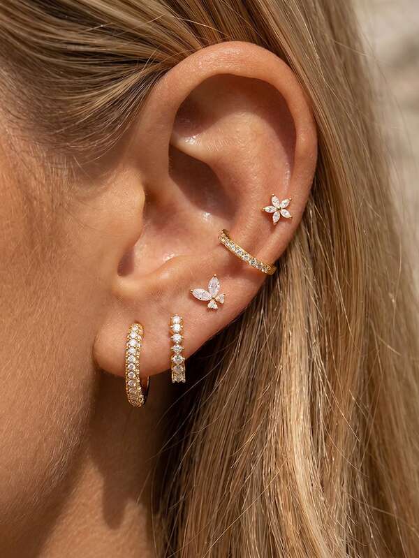 Set Anting-Anting Wanita 5 Buah Berkilau Berlapis Emas 24K, Bentuk Kupu-Kupu, Bintang, Stud, Huggie, Hoop, dan Stacking, Perhiasan Fashion untuk Pesta dan Hadiah.