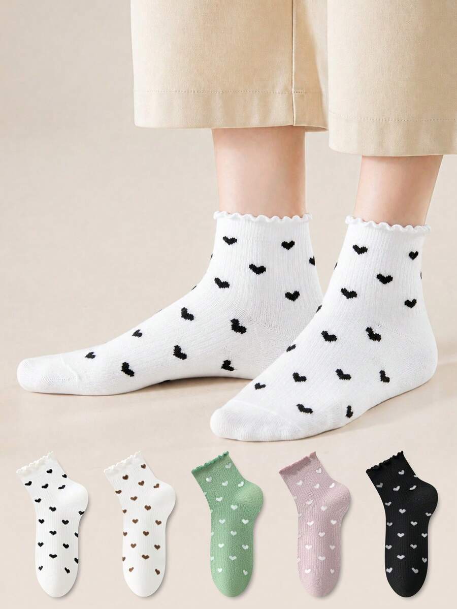 ZUJO 4 Pairs Women's Short Socks, Heart Pattern Wavy Edge, Simple & Comfortable, Suitable For All Seasons - Multicolor - View 1