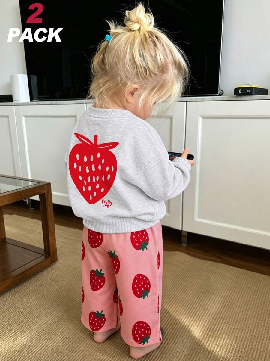 2pcs/Set Fresh Fruit Toddler Girl Outfit, Minimalist Large Strawberry Print Sweatshirt + Strawberry Ankle Wide Leg Pants, Soft Autumn/Winter Daily Wear - Light Grey - View 1