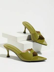 Women's Summer Fashion Versatile Pointed Toe Cup Heel Avocado Green Solid Color High Heel Sandals Unique Cloud-Shaped Shell Kitten Heel Low Heel Mule Slippers Nightclub Party Runway Banquet Vacation Date Gift Holiday Celebration Valentine's Day Mother's Day Women's Shoes - Avocado Green - View 6