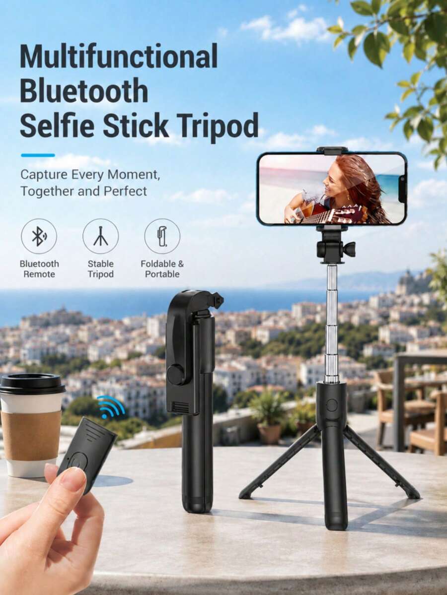 Palos Selfie Bluetooth Trípode Multifuncional Extensible con Control Remoto Soporte para Teléfono Trípode para Transmisión en Vivo Fotografía Multifuncional Accesorio de Viaje Universal para Selfie - Negro - Ver 1