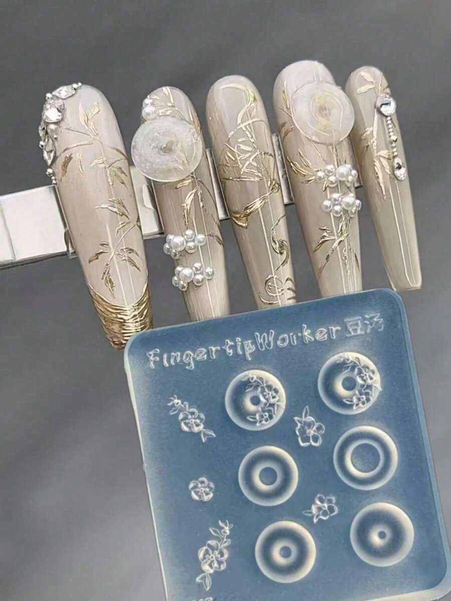 1件裝中式玉扣花瓶精緻造型國風3D雕花美甲矽膠模具 - 彩色 - 查看 1