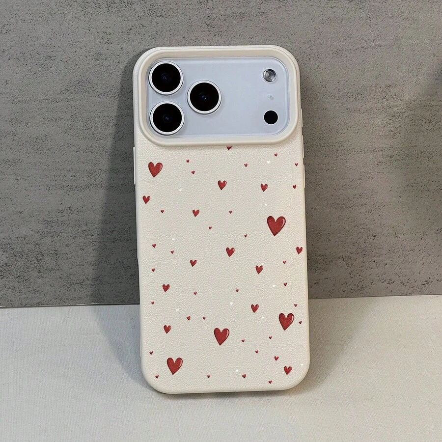 Heart Print Faux Leather Texture Anti-Fall Anti-Scratch Anti-Slip Phone Case Set, Kawaii Heart Aesthetic Design Compatible With IPhone 11/12/13/14/15/16/16 Plus/17/17 Pro/17 Pro Max - Multicolor - View 1