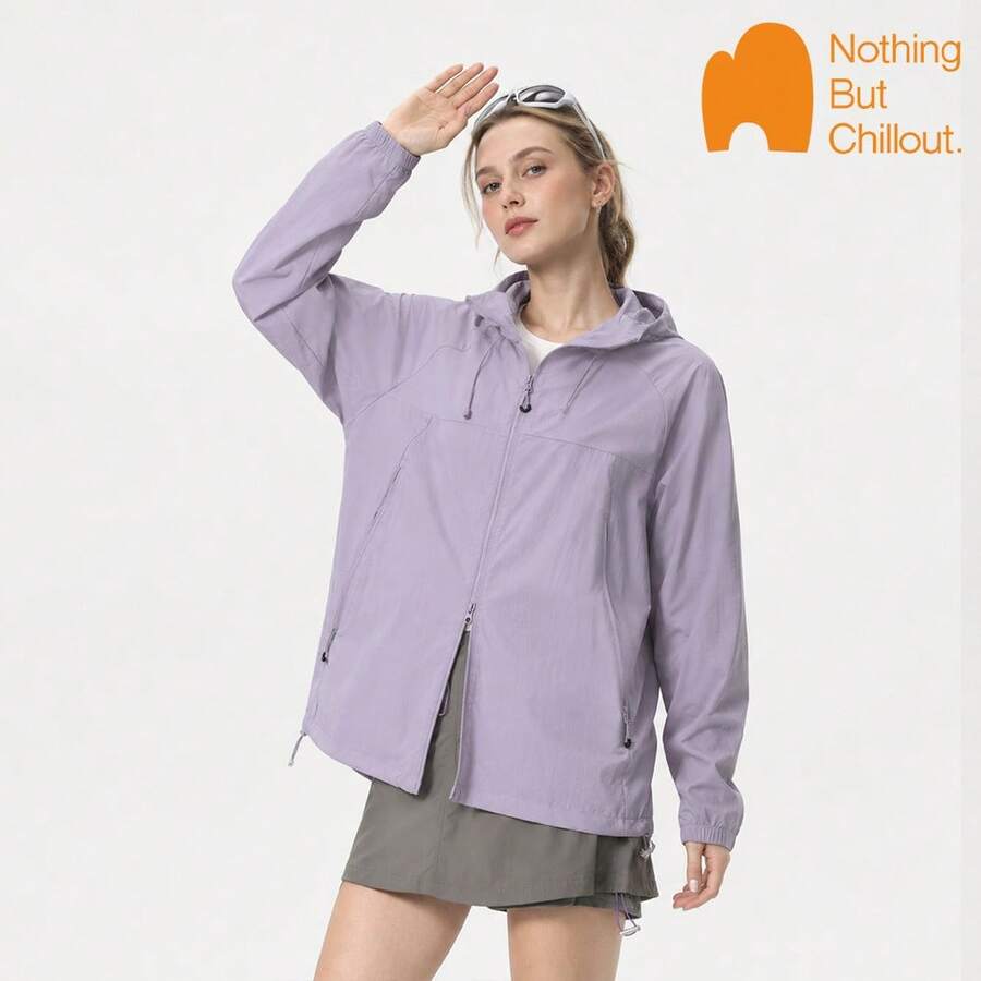 NBCT 女款夏季連帽薄款夾克休閒百搭上衣 日常外出簡約素色開襟衫 - 紫色 - 查看 1