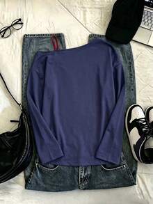 ENGU CO. 返校季 Y2K 一字領長袖 T-shirt，復古 84 數字印花寬鬆休閒運動上衣 - 藏蓝色 - 查看 3