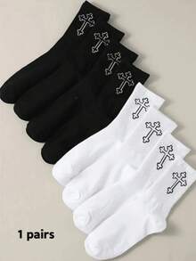 1/2/5/10/20pairsMen's Versatile Comfortable Plain Black & White Design Mid-Calf Socks, All-Season, Fall - Multicolor - View 10