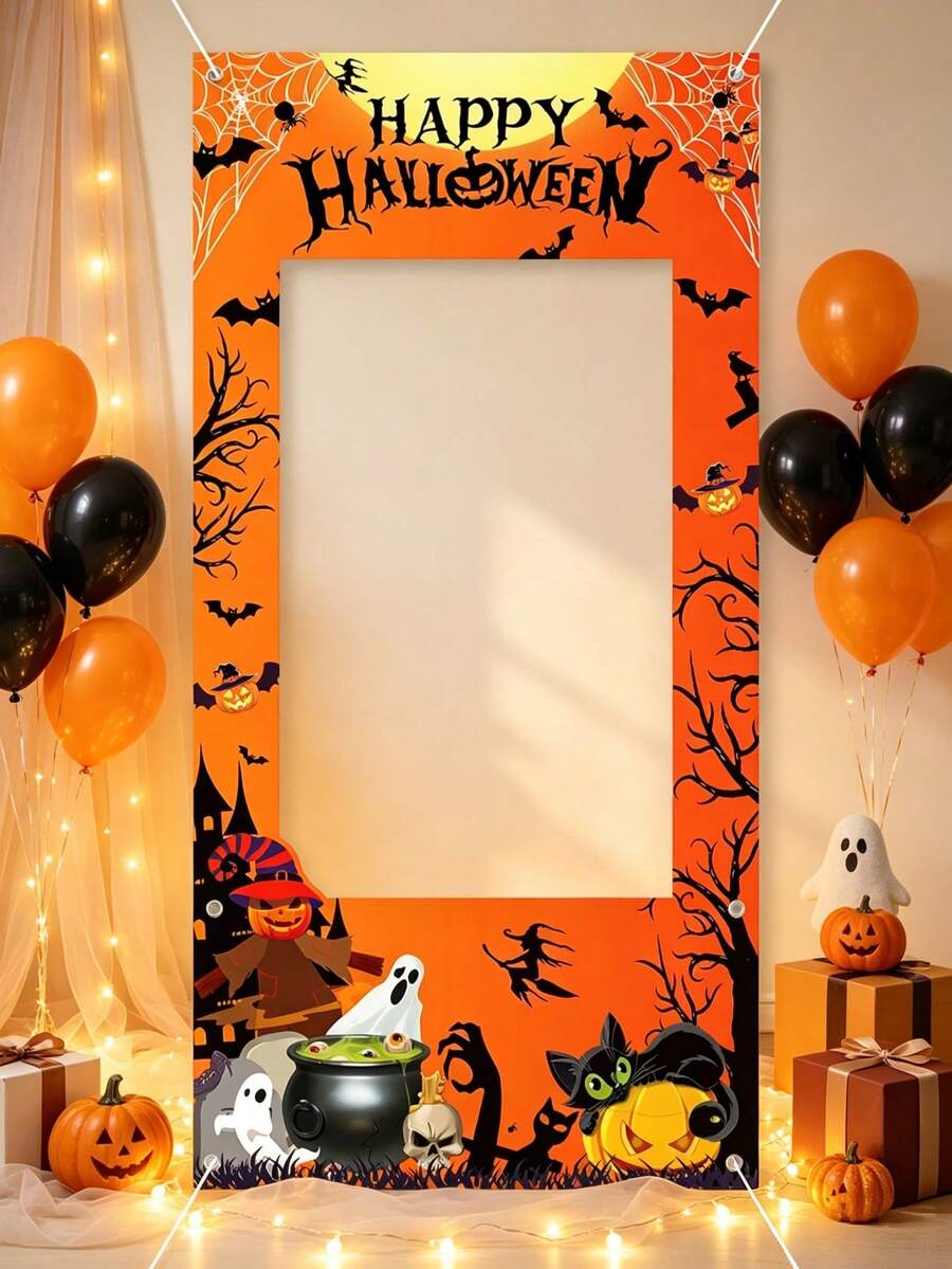 1pc Happy Halloween Photo Frame Prop, Vinyl Backdrop, Halloween Party Photo Booth Banner, Halloween Photo Background Decoration, Halloween Photo Spot Setup, Halloween Decoration, Happy Halloween Decor, Halloween Party Supplies, Halloween Trick Or Treat Decor, Halloween Gift, Halloween Outdoor Decoration, Haunted House Decor - Halloween Style a - View 1