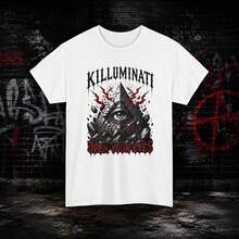 T-shirt graphique unisexe en pur coton, style streetwear Y2K, motif Killuminati Pyramid Eye, pour l'été, disponible en entrepôt local, 'Ouvrez les yeux' - Blanc - Voir 1