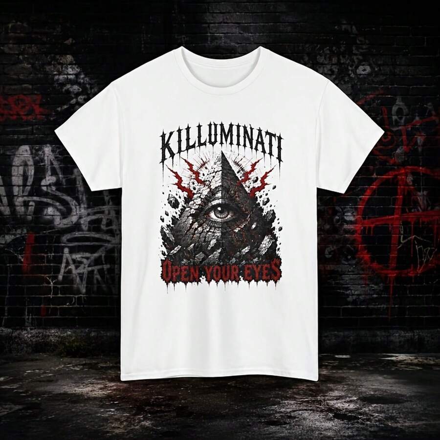 T-shirt graphique unisexe en pur coton, style streetwear Y2K, motif Killuminati Pyramid Eye, pour l'été, disponible en entrepôt local, 'Ouvrez les yeux' - Blanc - Voir 1