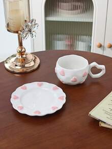 1 Set Pink Heart Embossed Ceramic Coffee Cup And Saucer, Breakfast Milk Cup Latte Coffee Cup Set, Suitable For Home, Cafe, Valentine's Day Gift, Mother's Day, Thanksgiving, Gift For Family And Friends - Multicolor - View 9