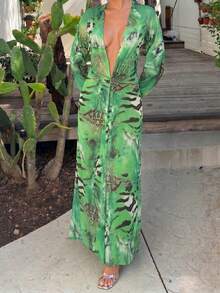Robe élégante à col V profond et manches longues pour femmes DOUCIU, cache-maillot de plage décontractée semi-transparente avec fente, convient pour le style bohème d'été - Vert - Voir 2