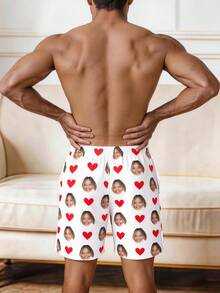 Custom Men's Pajama Shorts With Face Photo Print And Heart Pattern, Beachwear Swim Trunks, Boyfriend Holiday Gift - White - View 4