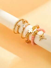 5pcs Fashion Sweet Pink & Orange Beaded Ring Set, Daily Versatile Star Pendant Gold Wire Braided Open Stackable Rings, Suitable For Women's Daily Wear, Outings, Fashion Layering Rings, Perfect For Summer Beach Vacation, Summer Style - Multicolor - View 5