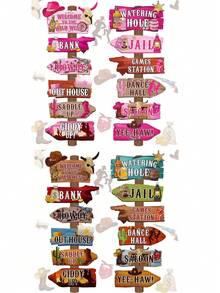 24pcs Western Party Direction Signs, Yard Cowboy Rodeo Theme Hollow Wild West Welcome Sign Decor, Western Birthday Photo Prop Background Wall Party Decoration - Multicolor - View 2