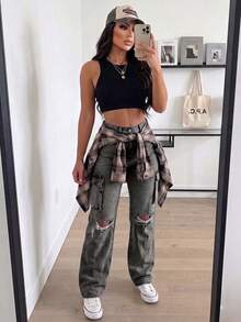 Women's High Waist Cargo Jeans With Ripped Detail, Retro Street Style, Versatile Denim Pants - Grey - View 3