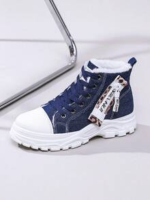Flipark 1 Pair Leopard Print Lace-Up Thick Sole High-Top Boots For Women, Warm Lining, Sizes 36-43, Suggest Ordering One Size Up, Street Style Boots For Winter - Blue - View 6