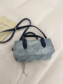 Nuevo bolso de mano de estilo coreano con bloques de color en denim para mujeres, bolso de hombro versátil, bolso pequeño de moda para ir al trabajo, bolso bandolera premium con colgante - Azul - Ver 5