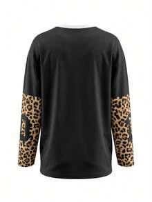 Kaos Wanita Lengan Panjang Leher V Motif Leopard Patchwork Colorblock Gaya Jalanan Amerika, Longgar dan Oversized dengan Cetakan Huruf - MultiWarna - View 3