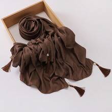 Oversized 200cm*85cm Heavy-Duty Luxurious Rhinestone Modest Pleated Plaid Tassel Pearl Pendant Daily Wear Breathable Solid Color Muslim Hijabs - Multicolor - View 17