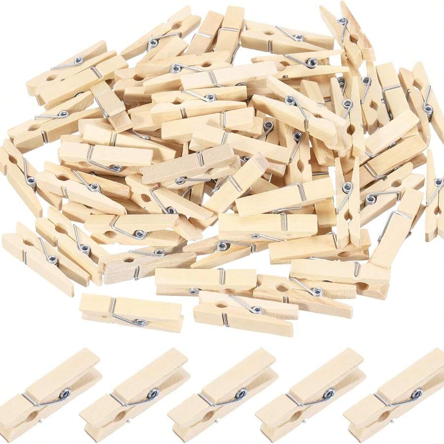 120pcs Mini Wooden Clothespins, Mini Photo Clips, Mini Clothes Pins, Suitable For Photo Display, Handmade DIY, Cocktail Food Markers, Memo Clips, Message Clips, Christmas Party Holiday Gift Decoration - Wood Color - View 1