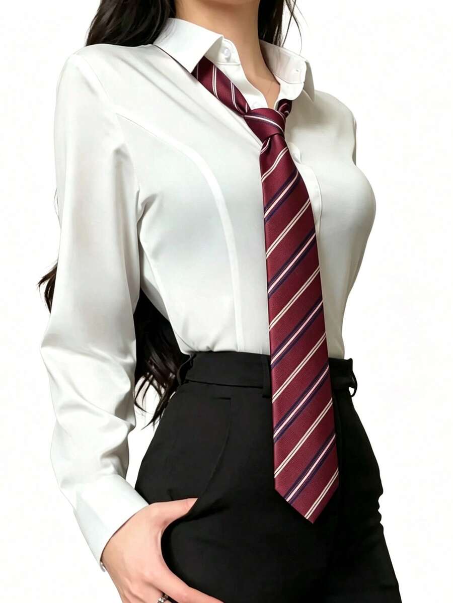 1pc Contrast Color Diagonal Striped Hand-Tied Necktie, British Minimalist Casual Style, Suitable For Shirt Tie, Campus Wear, Daily Outings, Graduation Prom, Holiday Gifts - Red - View 1