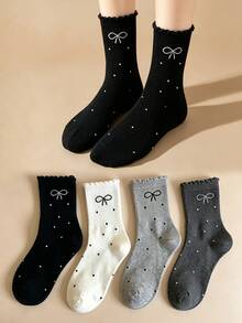 4 pares de calcetines de media caña con volantes y lazos para mujer, nuevos calcetines slouch con lunares y lazos de encaje estilo Ins, calcetines de media caña para estudiantes - Multicolor - Ver 1