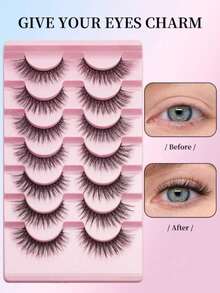 Brand New 7 Pairs Of Manga-Style Natural Thin False Eyelashes - Black Lash Band, Faux Mink Cat-Eye Shape, Natural Makeup Effect, Suitable For Daily Wear - Reusable, Comfortable To Wear, Suitable For Beginners - Multicolor - View 3