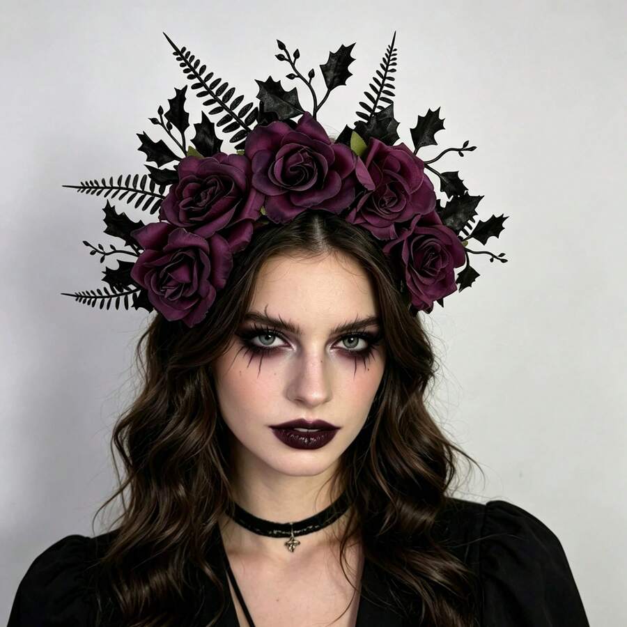 1pc Creative Rose Flower Headband, Dark Style Costume Headpiece, Cosplay Makeup Party Holiday Festival Headband,Halloween - Multicolor - View 1