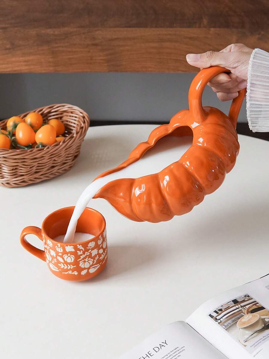 1pc Ceramic Pumpkin Shaped Sauce Boat, Halloween Pumpkin Shaped Sauce Boat, Suitable For Home, Kitchen And Restaurant Tableware; Used For Storing Seasonings, Sauces, Gravy And Salad Dressing; Suitable As A Gift Or Holiday Decoration