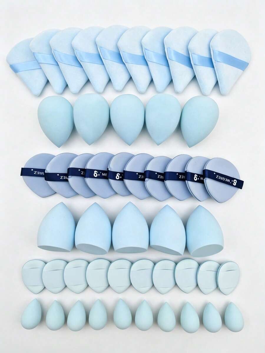 50PCS All-In-One Makeup Tools Set, Soft Makeup Sponges, Mini Sponges, Triangle Powder Puffs, Air Cushion & Mini Air Cushion Puffs For Foundation Concealer Loose Powder Setting, Wet Dry Dual Use Cosmetic Applicators, Daily Makeup Accessories For Women - Baby Blue - View 1