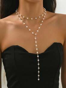 1pc Elegant Double Layer Long Y-Shaped Faux Pearl Pendant Necklace, Suitable For Women's Daily Wear, Holiday Gift And Birthday Gift - Gold - View 3