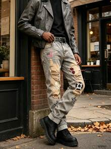 Men's Denim Jeans Halloween Outfit | Vintage Distressed Ripped Jeans, Spooky Street Vibe - Camel - View 4