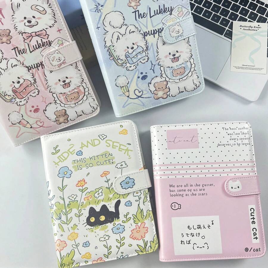 A5 Minimalist Cat-Themed Leather Loose-Leaf Notebook, Portable Large-Capacity Sticker Organizer, Can Be Used As A Notebook Set, Folder, Sticker Collection Book, Photo Storage Bag, Photo Album, Savings Planner, Journal, Notebook Or Office Stationery. - A5 Leather Cat and Dog Binder - View 1