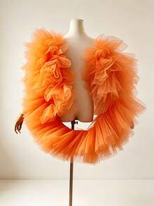 1 pc Selendang Bahu Tulle Ruffle Oranye Bulu Halus Jaring Pengantin Gaya Fairycore Jubah Pernyataan untuk Pesta Pernikahan Festival Panggung dan Pemotretan - Burnt Orange - View 3