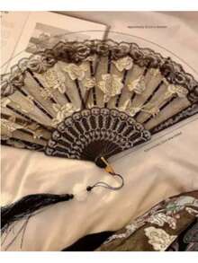 Gothic Black Lace Rose Folding Hand Fan, Elegant Vintage Floral Pattern With Tassels, Women's Cosplay Wedding Photo Decoration Handheld Fan - Multicolor - View 6