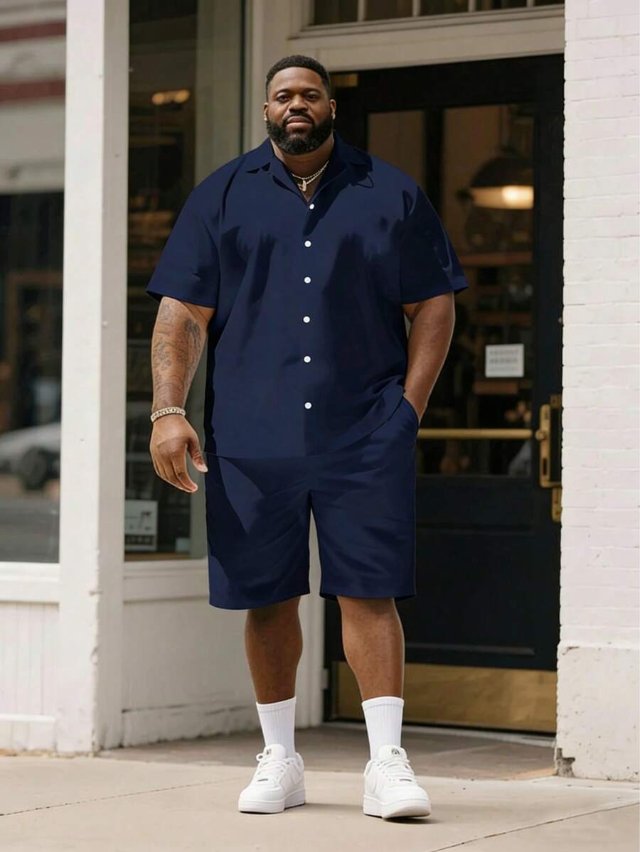 Conjunto de camisa y pantalones cortos de talla grande para hombres, camisa de manga corta y pantalones cortos de 2 piezas, unicolor lavable a máquina