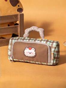 1pc Soft Handle Plaid Print Pencil Case, Large Capacity Stationery Storage Bag, Durable Thickened Fabric Zipper Portable Pencil Pouch, Layered Compartment Design Can Hold Ruler, Neutral Pen, Eraser, Highlighter, Compass And Other Writing Tools, Gentle Healing Cute Animal Pattern With Multiple Color Options, Suitable For Students, Teenagers, Office Workers, Travelers - Multicolor - View 13