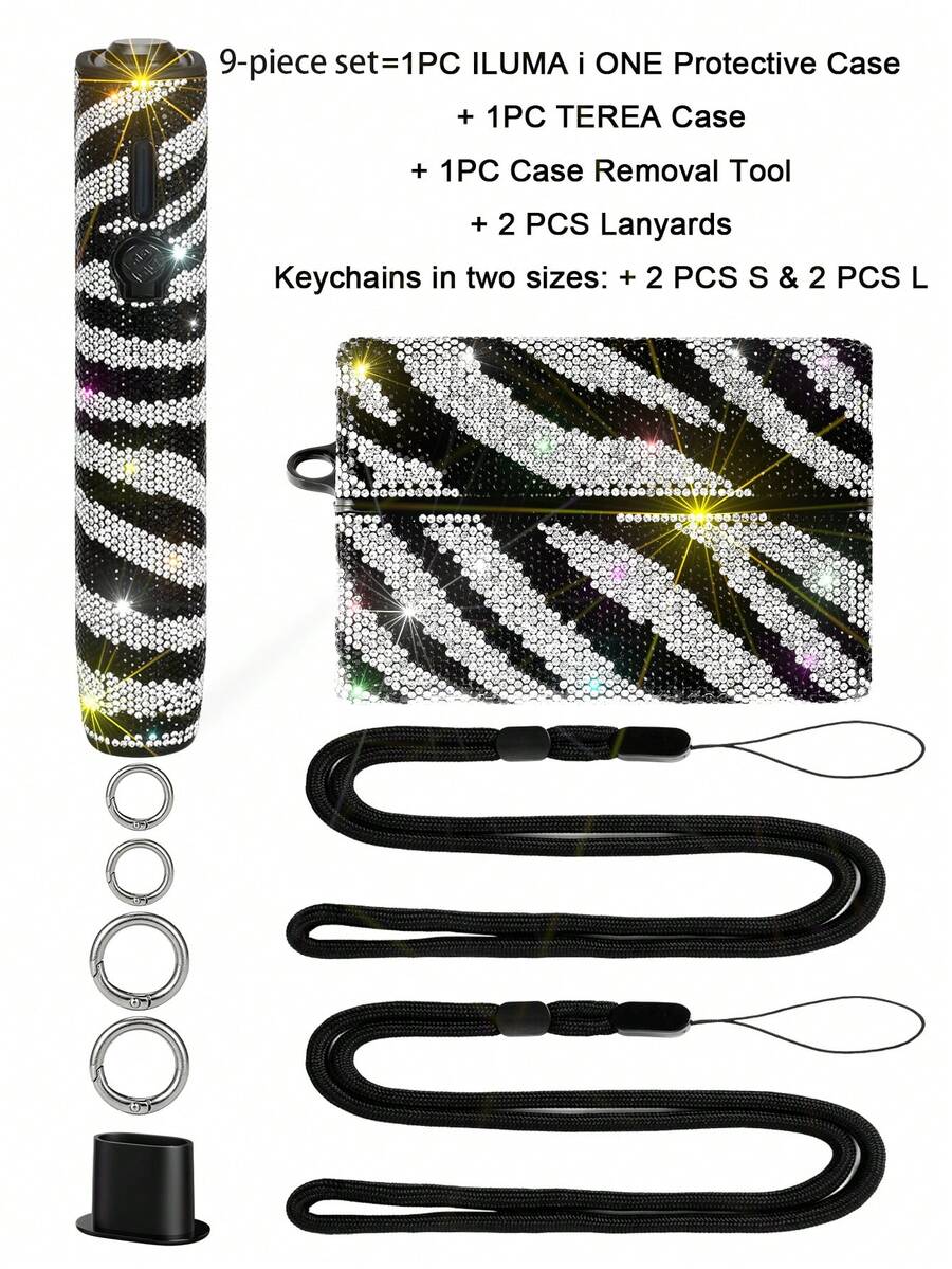 1set=9PCS Multicolor 720° Full Rhinestone Anti-Drop Anti-Pressure Shiny Zebra Stripe Electronic Cigarette Protective Case + Cigarette Box FOR IQOS ILUMA I ONE+FOR TEREA, Made Of A-Grade Rhinestones, More Sparkling Under Light, Suitable As A Gift For Mom, Girlfriend, Boyfriend, Lover Or Holiday Use