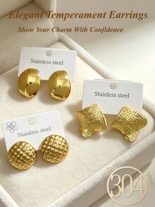 3 Sets Elegant Stainless Steel Cast Earrings, Geometric Shapes Including Round, Square And Other Geometric Designs. Fashionable Minimalist Earrings Suitable For Various Occasions, Valentine's Day, Mom, Mother's Day, Gifts. High Quality Low Allergy Daily Wear Earrings, Gold Earrings Suitable For Summer Travel And Vacation Wear, Perfect Gift For Family And Friends - Gold Sequin Set - View 2
