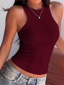 女款夏季休閒白色Y2K辣妹風圓領無袖背心 - 酒紅色 - 查看 10