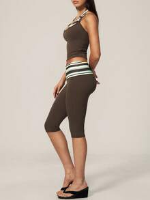 TimeOff Women's One Set Striped 2 In 1 V-Neck Halter Tank Top With Folded Waistband Shorts Gym Sports Set - Brown - View 9