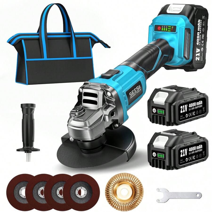 SEESII Cordless Angle Grinder Kit With 2x4.0Ah Batteries, 10000RPM Brushless Electric Metal Grinder W/ 4-1/ 2" Grinding Wheel, Flap Wheel, And Wool Carving Wheel For Precision Grinding
