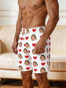 Custom Men's Pajama Shorts With Face Photo Print And Heart Pattern, Beachwear Swim Trunks, Boyfriend Holiday Gift - White - View 5
