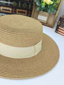 Eshat Flat Top Flat Brim Khaki Straw Hat With White Ribbon, British Style Mini Hat, Simple Beach Vacation Sun Protection Fashion Straw Hat - Khaki Flat Top Hat - View 5
