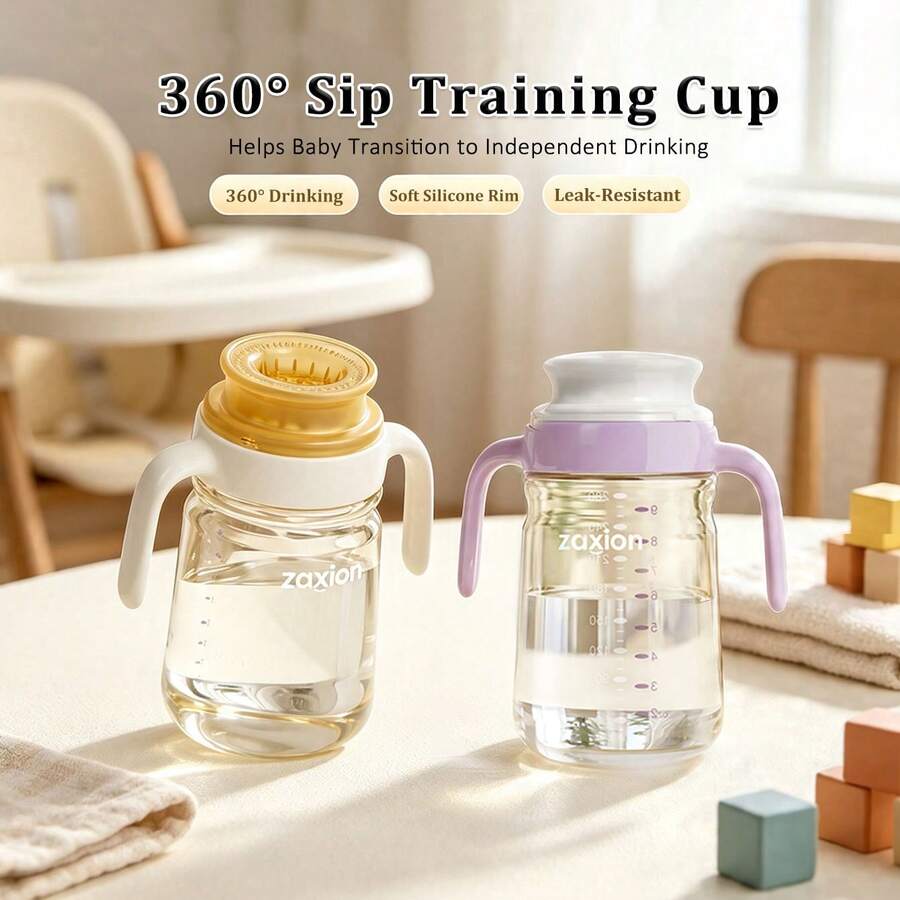 Gelas Sedotan Bayi 360°, Gelas Latihan Minum Bahan PPSU, Dengan Pinggiran Silikon Lembut, Anti Tumpah, Mudah Diminum, Pegangan Ganda, 280ml
